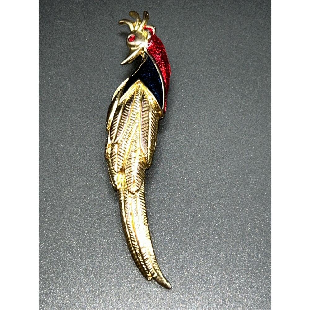 Bird Pheasant Brooch 3 1/4” Red Black Enamel Vintage Gold Tone Pin